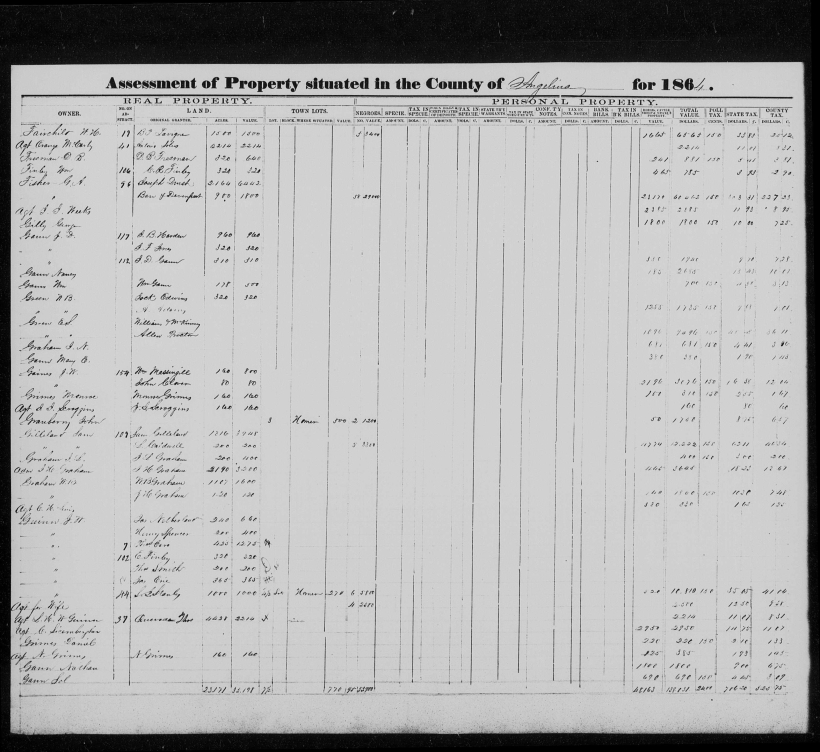 Green, E.S., Angelina Co., TX, Assessment of Property 1864