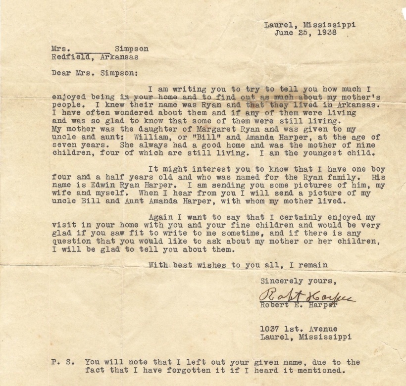 Harper Letter to Mrs. Simpson, Redfield, 1938