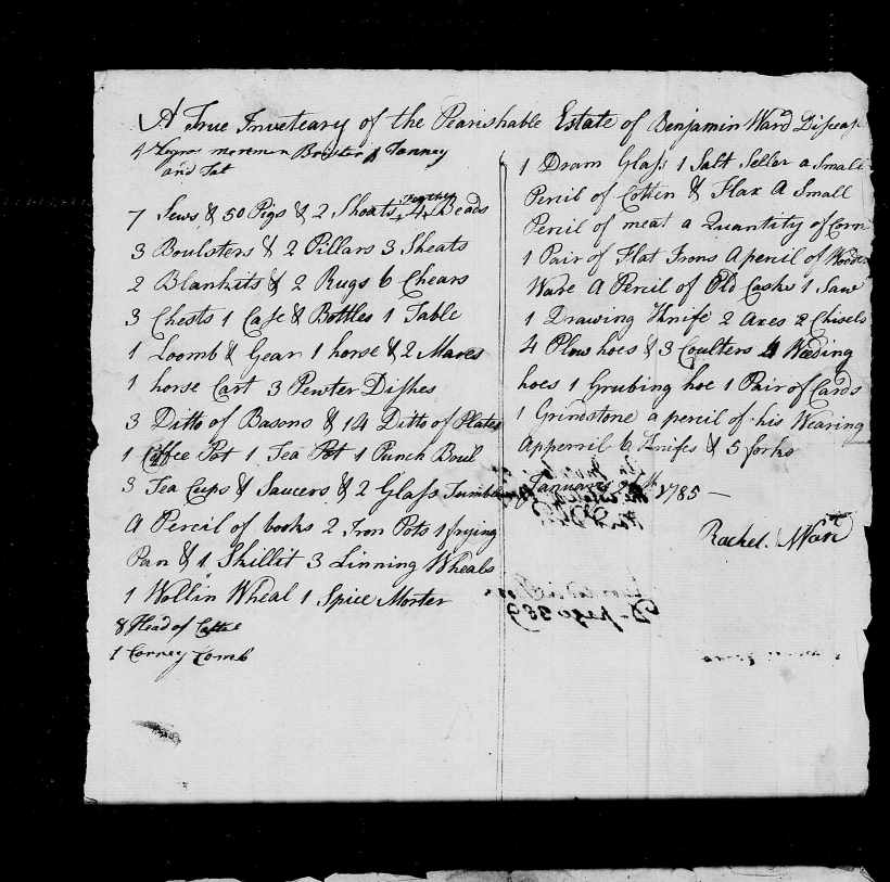Strachan, Rachel Ward, 26 Jan 1785 Inventory of Benjamin Ward Estate