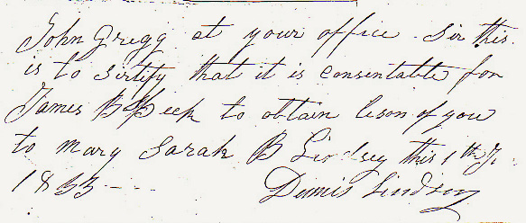 Lindsey, Dennis, Permission for Marriage of Sarah to James B. Speake