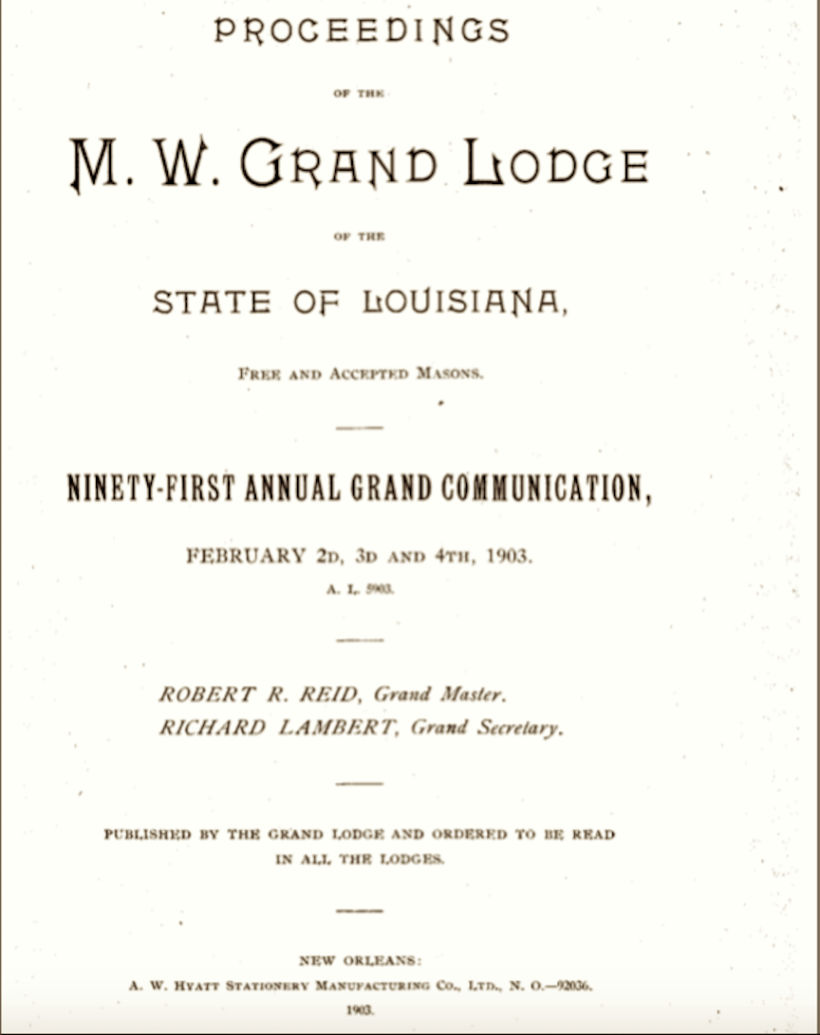 Lindsey, John Wesley Death Record, Proceedings of the M.W. Grand Lodge of the State of Louisiana (title)